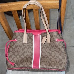 Coach Signature Stipe Drawstring Canvas Coated F29064 Tan + Pink